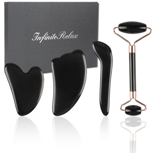 Natural Jade & Obsidian Gua Sha Set of 4 - Premium Face Sculpting Tools Eyes Roller Massager Jade Roller for Jawline, Double Chin Reduction & Lymphatic Drainage Women'S Anti-Aging Skincare Kit